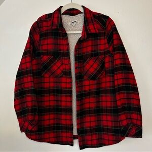 Flannel Shirt Jacket, Red, Green and Black Plaid Sherpa Lined Women’s Med/Large